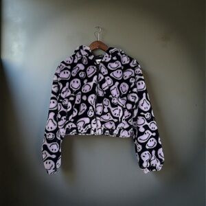 Cozy Smiley Face Fleece Jacket - Black and Pink